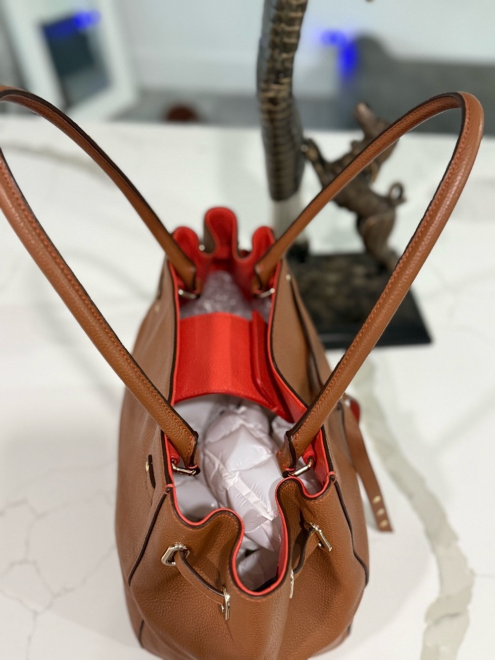 Coach Turnlock Tie Tote Saddle Brown Contrast Orange - GORGEOUS CONDITION! - Picture 7 of 15
